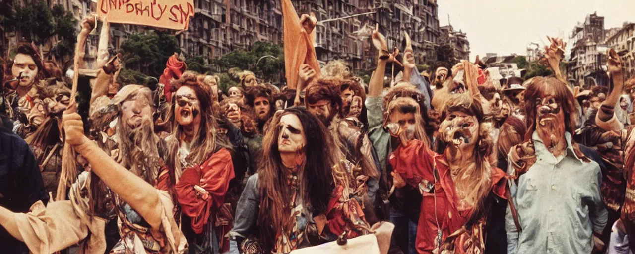 Image similar to hippies protesting spaghetti, 1 9 6 0's, high detailed face, realistic faces, small details, intricate, canon 5 0 mm, wes anderson film, kodachrome