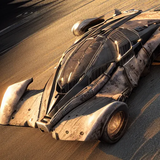 Prompt: the batmobile in mad max, au naturel, hyper detailed, digital art, trending in artstation, cinematic lighting, studio quality, smooth render, unreal engine 5 rendered, octane rendered, art style by klimt and nixeu and ian sprigger and wlop and krenz cushart