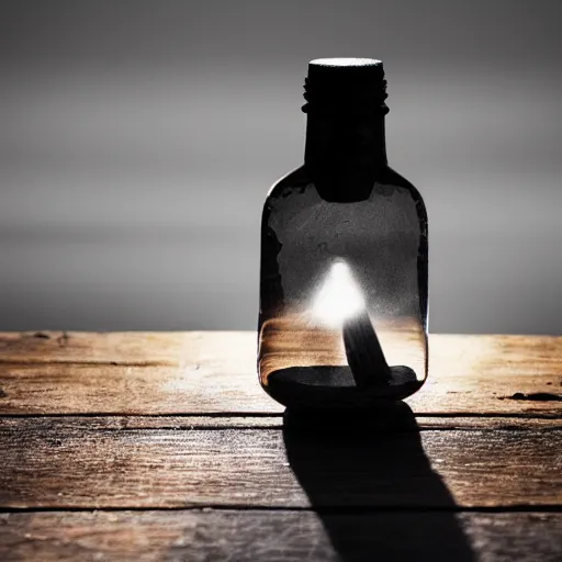 Prompt: life in a bottle, eerie and fantastic, digital art, 8 k, on a wooden table, unique source of light