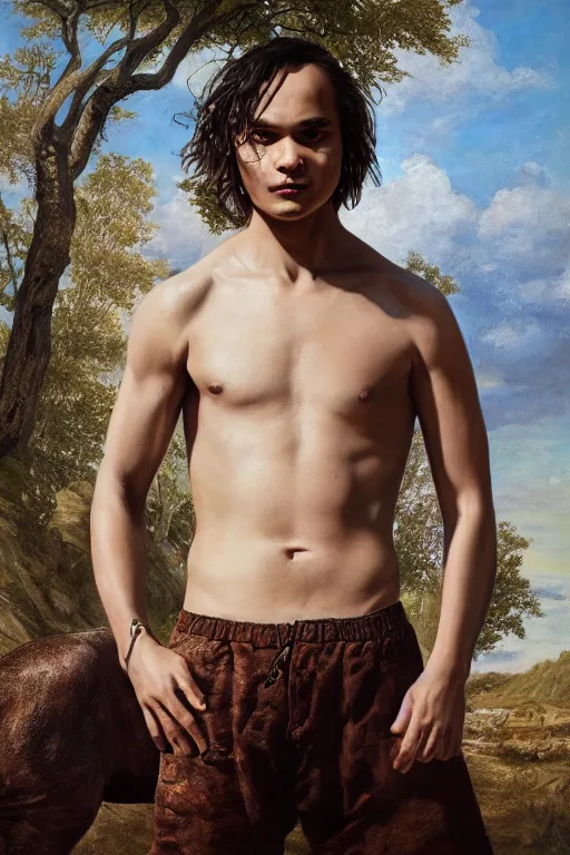 Prompt: Frank Dillane shirtless with goat legs and playing pan flute, full body, oil on canvas, intricate, portrait, 8k highly professionally detailed, HDR, CGsociety