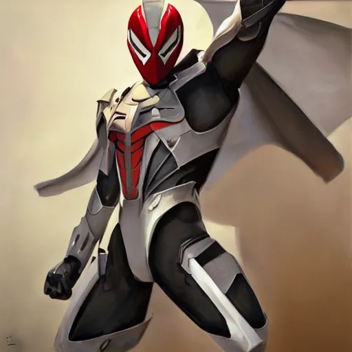 Image similar to greg manchess portrait painting of armored spiderman ultraman grey fox from metal gear cyborg japanese - american hybrid as overwatch character, medium shot, asymmetrical, profile picture, organic painting, sunny day, matte painting, bold shapes, hard edges, street art, trending on artstation, by huang guangjian and ail elvgren and sachin teng