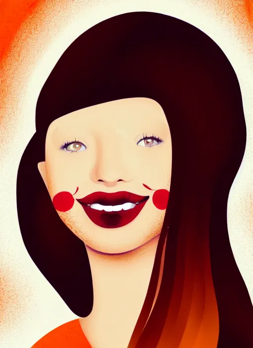 Image similar to colorful drawing of a young white woman with brown hair and scarlet lips, happy and cartoonish background, by tokenin, by glitchedpuppet, gradient orange, black, cream, brown and white color scheme, trending in artstation, award winning illustration