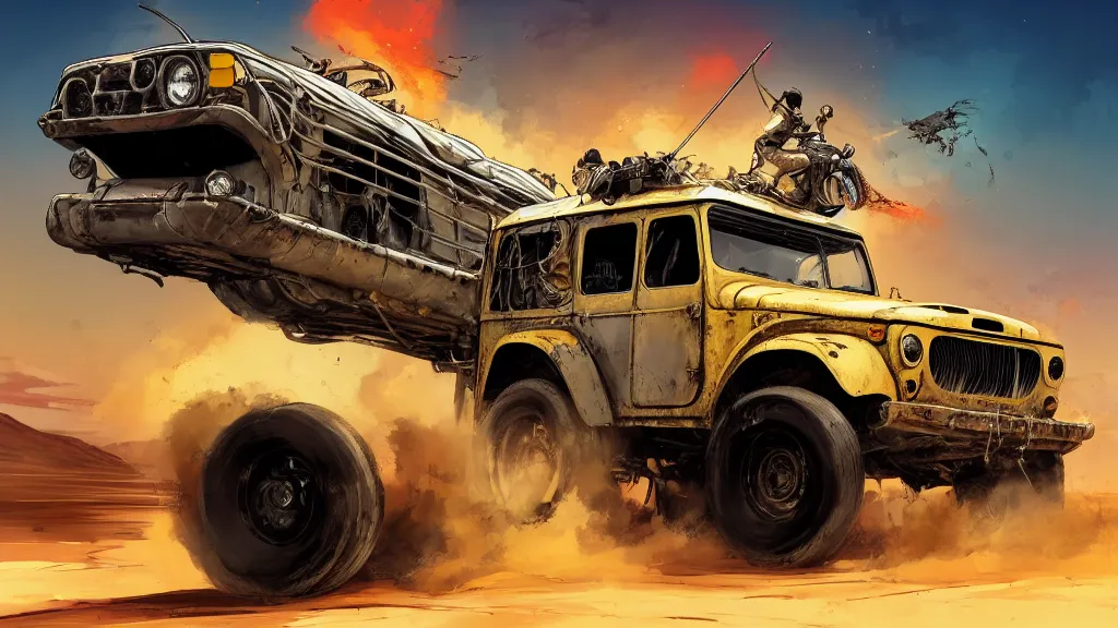 Image similar to digital illustration of mad max's fj 4 0 pursuit special riding fury road eternal shiny and chrome, the last v 8 interceptor driving down to the gates of valhalla highway in the middle of the day, anime style, year 2 0 9 3, by makoto shinkai, ilya kuvshinov, lois van baarle, rossdraws, basquiat