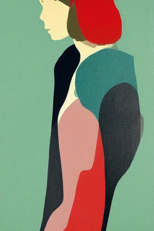 Image similar to A abstract portrait painting in the style of Tatsuro Kiuchi, beautiful woman, flat colour-block style, soft organic abstraction, scandinavian art colours