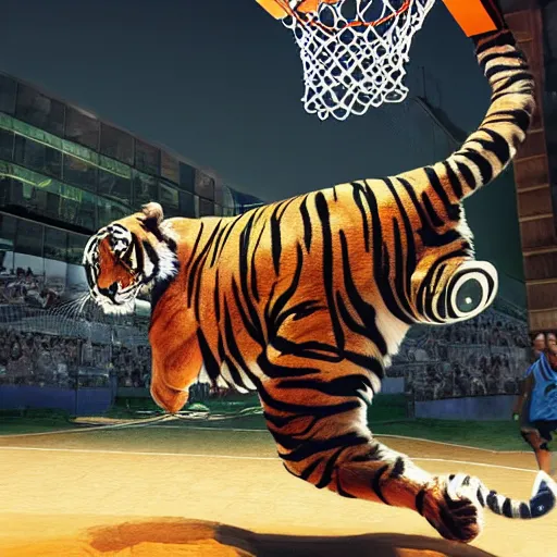 Prompt: a photorealistic picture of a tiger dunking a basketball outdoors Trending on Artstation, featured on Behance, well-rendered, fine detail, extra crisp image, Unreal Engine, 4K HD