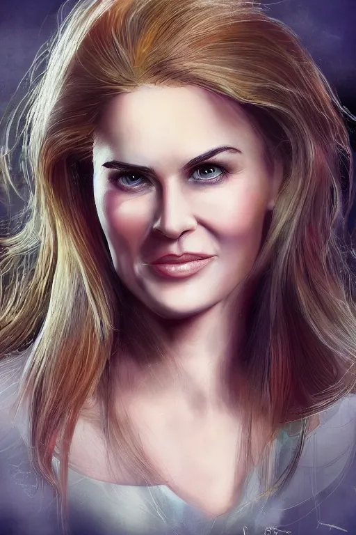 Image similar to mix of beautiful young maria shriver, mariel hemmingway, brooke shields, nicole kidman and elle macpherson as an alien creature, thin lips, hair tied up in a pony tail, dark blonde hair, colorful, artstation, cgsociety