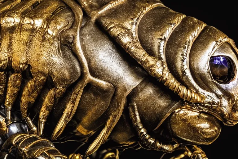 Image similar to photo taken of an epic intricate, ultra detailed, super realistic animatronic of a trilobite creature on display in a workshop, created by weta workshop, zoomed in shots, photorealistic, sharp focus, f 0. 4, face centred, macro photography, golden ratio, golden hour