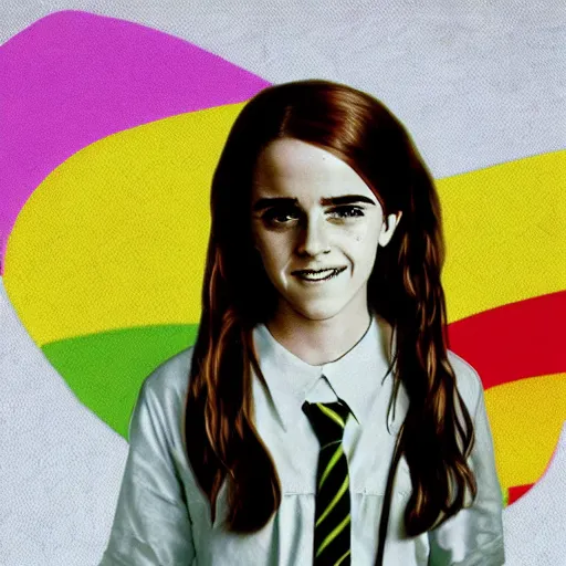 Image similar to rainbow smiling emma watson age 1 4 as hermione. pop art.