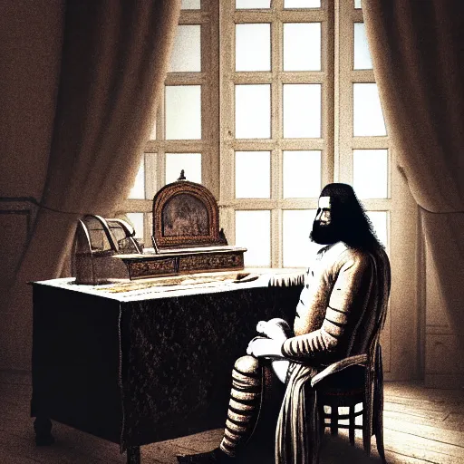 Prompt: An extremely detailed render of a mummy in very old clothes, sitting at his Louis XIV desk, with very old curtains in the room, very old room. The very very very old man has a 1880 phone on his desk. Dust in the air, god rays, raytracing shadows, ambient occlusion, 8K, RTX 3090, trending on artstation, lumens