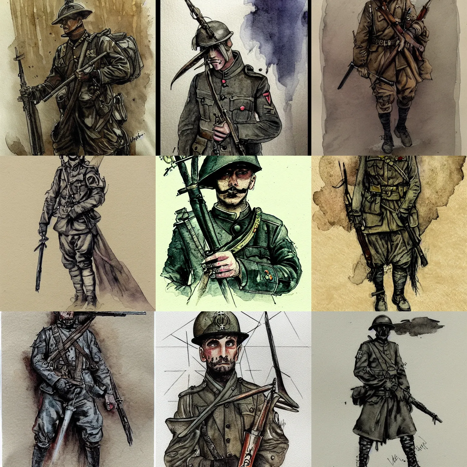 Image similar to beautiful aesthetic inspirational masterful professional ink pen and watercolor sketch of an occult mystical eerie satanic soldier in ww 1 verdun, fine details, trending on artstation, high quality paper