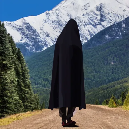 Prompt: A cloaked figure, standing in a valley