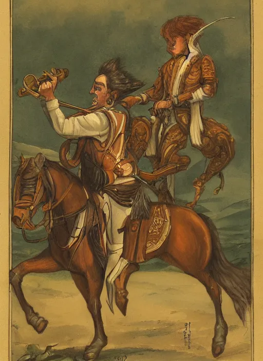 Prompt: illustration of gordan freeman as a bard, playing a lyre and riding a horse by greg rutkowki, bayard wu