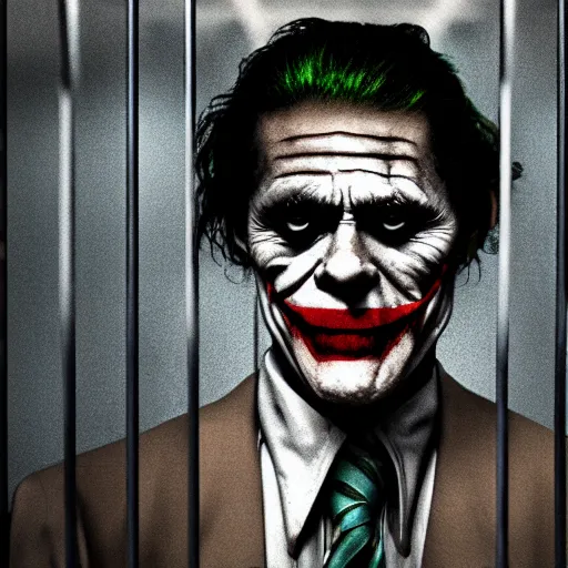 Image similar to willem dafoe as the joker behind bars in prison, movie poster, superrealism, quality, post - production, image depth, focus, gloomy, mysterious, haze, 3 d computer render, 8 k