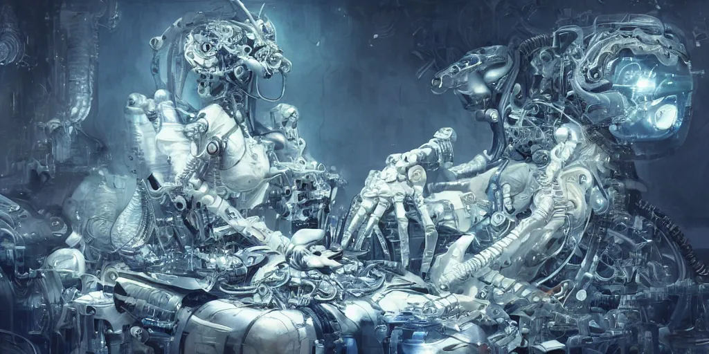 Image similar to hyperrealistic photography of a gorgeous animal cyborg constructing a time machine in the style of Jin Kagetsu, James Jean and wlop, highly detailed, masterpiece, award-winning, sharp focus, intricate concept art, ambient lighting, 8k, artstation