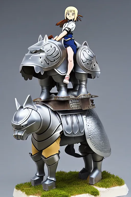 Image similar to female knight riding a heavy armored giant cat, finely detailed features, by studio ghibli