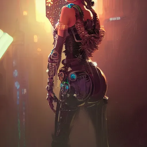 Image similar to portrait futuristic ana de armas steampunk half - cyborg cowgirl, neon light rooftop, fantasy, intricate and very very beautiful and elegant, highly detailed, digital painting, artstation, concept art, smooth and sharp focus, illustration, art by tan zi and ayanamikodon and alphonse mucha and wlop