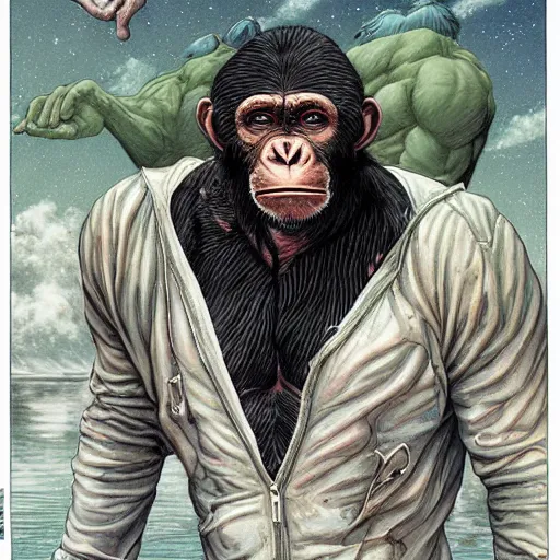 Image similar to ripped physique telekinesis man disguised as a chimpanzee whilst wearing a white jacket jean sebastien rossbach jeff easley jen bartel staedtler