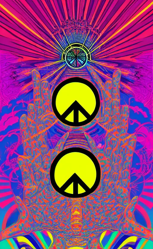 Image similar to psychedelic peace signs wide angle shot, white background, vector art, illustration by frank frazetta and salvador dali