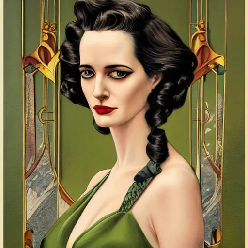 Image similar to a streamline moderne, art nouveau, multi - racial portrait of eva green in the style of charlie bowater, and in the style of donato giancola, and in the style of charles dulac. symmetry, ultrasharp focus, intricate symmetrical ultrafine streamline moderne background detail.