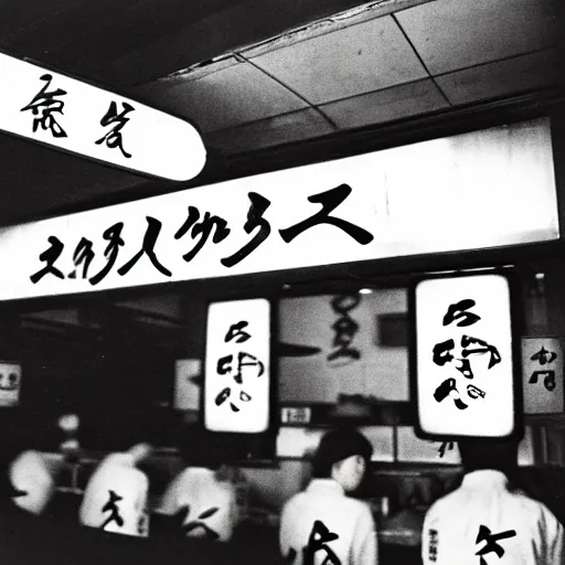 Image similar to photograph of the inside of a ramen shop in 1960s Japan, kodak, 10mm, nighttime