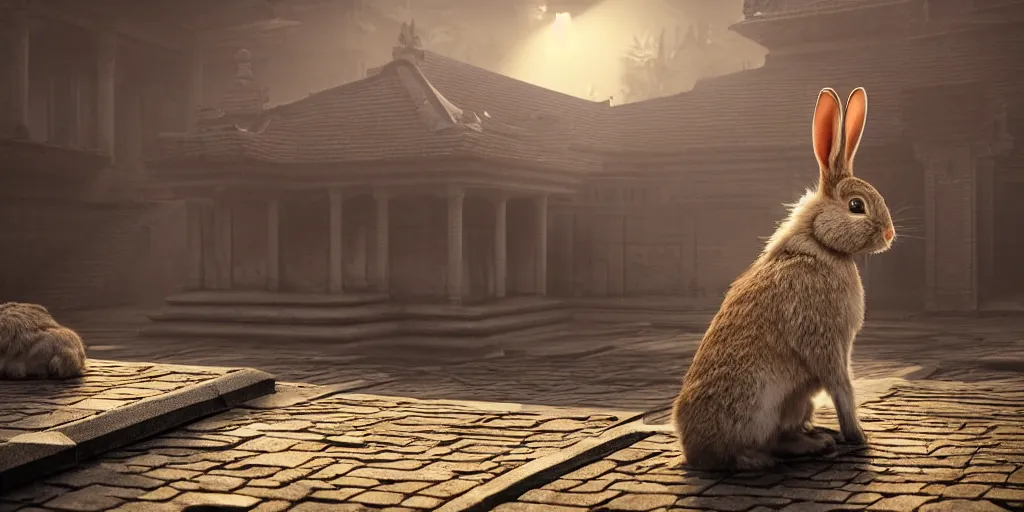 Image similar to A rabbit sits on the roof of a temple, close-up, light through the mist, dramatic lighting, photorealistic, cinematic lighting, high detail, cinematic feel, high octane, 4K, Unreal Engine, digital render, intricate, ultra realistic, concept art