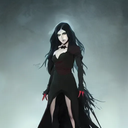 Image similar to female human vampire witch in the style of greg rutkowski, makoto shinkai, trending on artstation, character design, concept art, pretty face, highly detailed, long black hair, portrait, digital art