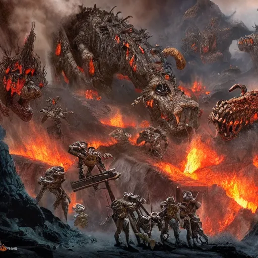 Image similar to an army of muppet demons flying out of a volcano with flag bearers and trumpeters, intricate detail, royo, vallejo, frazetta, giger, whealan, hd, unreal engine,