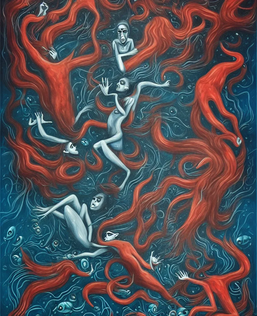 Prompt: wild emotional creatures repressed in the deep sea of unconscious of the psyche, about to rip through and escape in a revolution, painted by ronny khalil