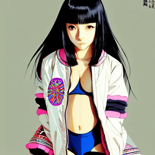 Image similar to a beautiful japanese natalie portman gravure model, wearing oversized native designer bomber jacket and leotard, bulky poofy bomber jacket with mesoamerican patterns, mesoamerican native street fashion, gapmoe yandere grimdark, trending on pixiv fanbox, painted by greg rutkowski makoto shinkai takashi takeuchi studio ghibli, akihiko yoshida