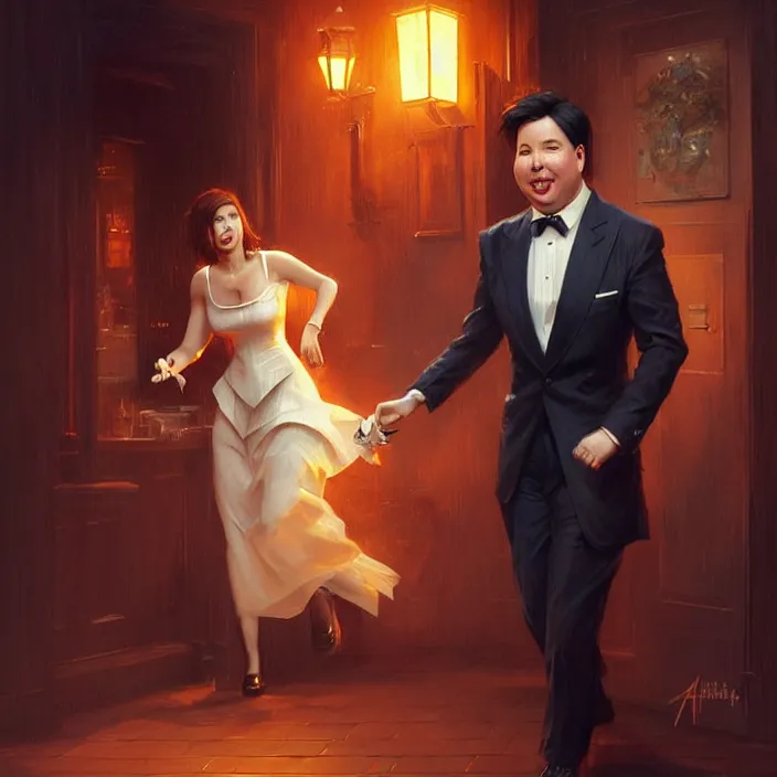 Image similar to michael mcintyre leaving a bar with with a singing waitress, elegant, real life skin, intricate artwork, high detailed, artstation, concept art, smooth, sharp focus, art by artgerm and greg rutkowski