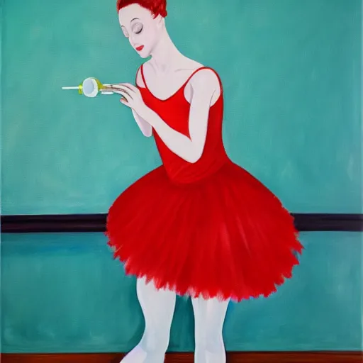 Image similar to painting of a ballerina drinking wine in a teal room, red background