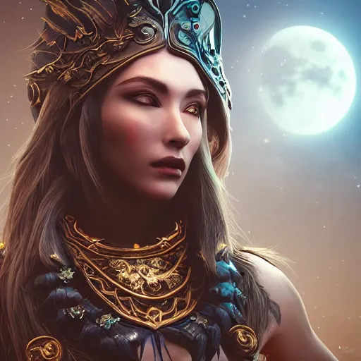 Prompt: portrait of moon sorceress, beautiful, attractive, glowing, jaw dropping, dynamic lighting, dark, menacing, intricate and detailed, 4 k octane render, age 2 2