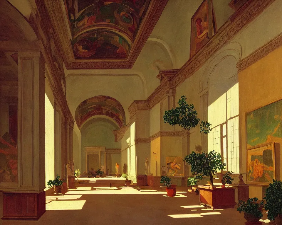 Prompt: an achingly beautiful print of the interior of a baroque art museum teeming with vibrant paintings, classical antiquities, and potted olive trees by Raphael, Hopper, and Rene Magritte. detailed, romantic, enchanting, trending on artstation.