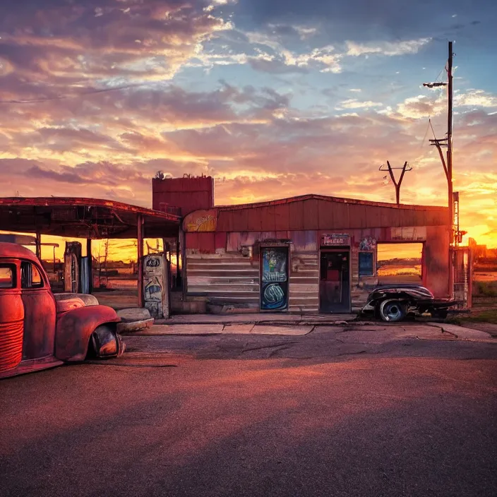 Image similar to a sunset light landscape with historical route 6 6, lots of sparkling details and sun ray ’ s, blinding backlight, smoke, volumetric lighting, colorful, octane, 3 5 mm, abandoned gas station, old rusty pickup - truck, beautiful epic colored reflections, very colorful heavenly, softlight