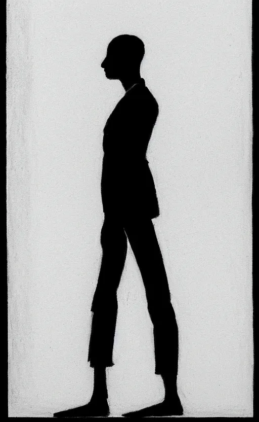Image similar to symmetry!! black and white silhouette drawing of a single person standing, white background by stanhope forbes, centered, clean image