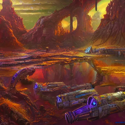 Image similar to spaceport orbiting ancient post - apocalyptic planet, jim henson creature shop, vivid and colorful, thomas kincaid, cinematic, oil painting, highly detailed, illustration