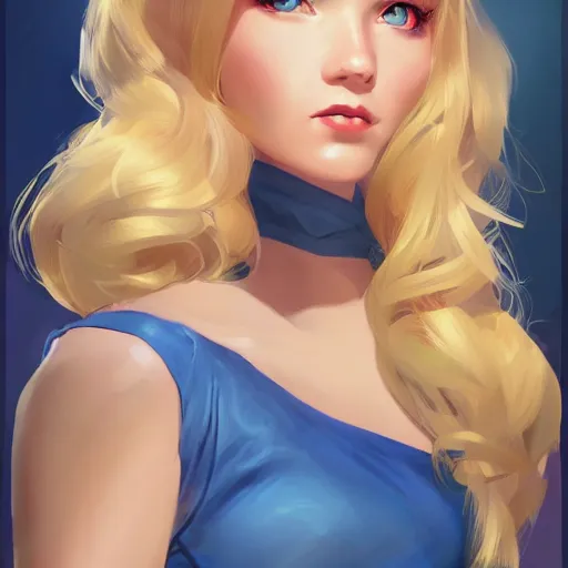 Prompt: portrait of beautiful girl with blond hair and blue eyes, League of Legend illustration by Sam Youn:2, profile picture by Gil Elvgren:2, asymmetrical, Organic Painting, Ambient Occlusion:3, Matte Painting, bold shapes, hard edges, street art, trending on artstation, realistic:2 by Sachin Teng:5