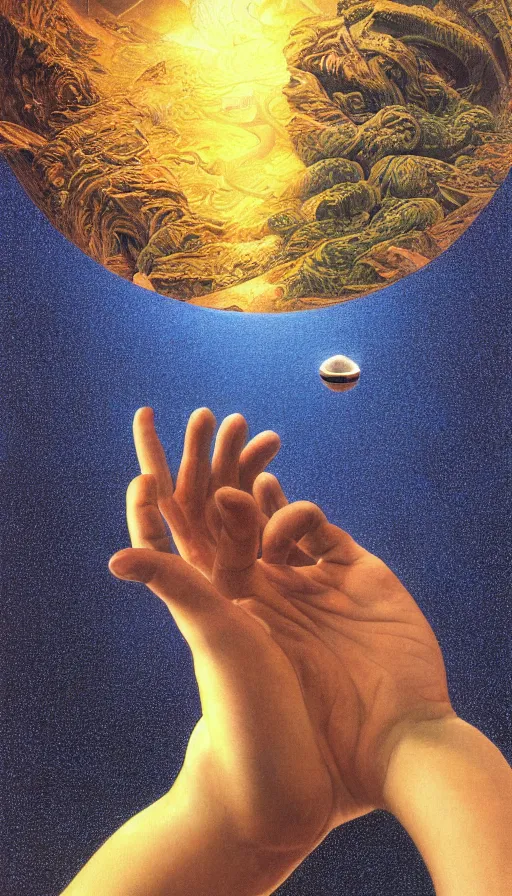 Prompt: a detailed portrait painting of a first-person view within a floating 3D VR hand interface (floating hologram levers and controls coating my fingers and extending my reach) (iOS hologram UI controls) by Jony Ive, Moebius, Roger Dean, intricate artwork by Caravaggio and James Turrell, 8K, sunrise atmospheric phenomena