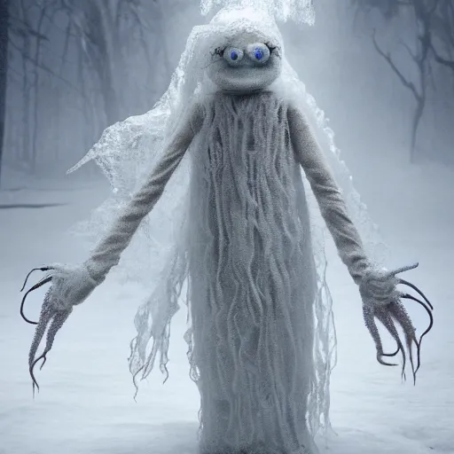 Image similar to humanoid ethereal ghostly live action muppet wraith like figure with a squid shaped parasite overtaking its head with two arms and four long tentacles for arms growing from its back that flow gracefully at its sides while it floats around the frozen woods searching for lost souls and that hide in the shadows in the trees, this character can control the ice, snow, shadows, and electricity, it is a real muppet by sesame street, photo realistic, real, realistic, felt, stopmotion, photography, sesame street