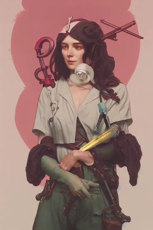Prompt: covid - 1 9 nurse preparing for battle, pink and white and red, by tom bagshaw and alphonse mucha and atey ghailan and artgerm and and greg rutkowski, hyper realistic, octane render, trending on artstation