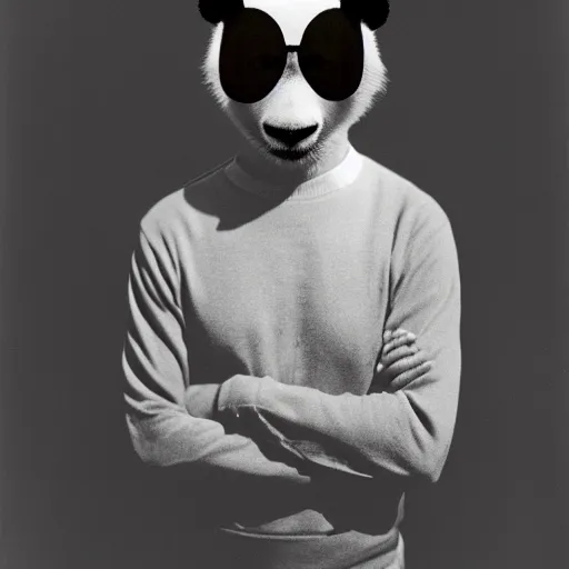 Prompt: grainy head to shoulder portrait polaroid film photograph of a panda in a mall wearing aviator shades. super resolution. surreal. extremely detailed. polaroid 6 0 0 film. by annie leibovitz and richard avedon