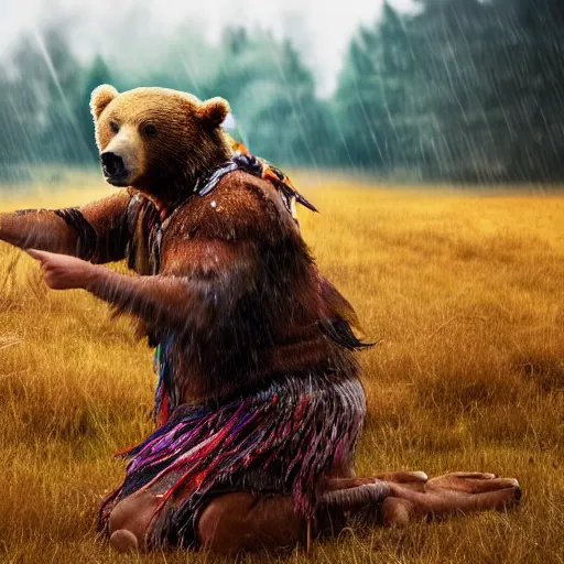 Image similar to shaman in the bear skin dancing in the field under the epic colourful rain, photo realistic, highly detailed, hyperrealistic, Chronicles of Narnia movie style 8k,