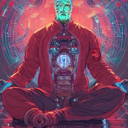 Image similar to comic book illustration, cyberpunk concept art, a portrait of a cybernetic monk meditating in lotus pose, art by josan gonzales and wlop, highly detailed, intricate, sci-fi, sharp focus, Trending on Artstation HQ, deviantart