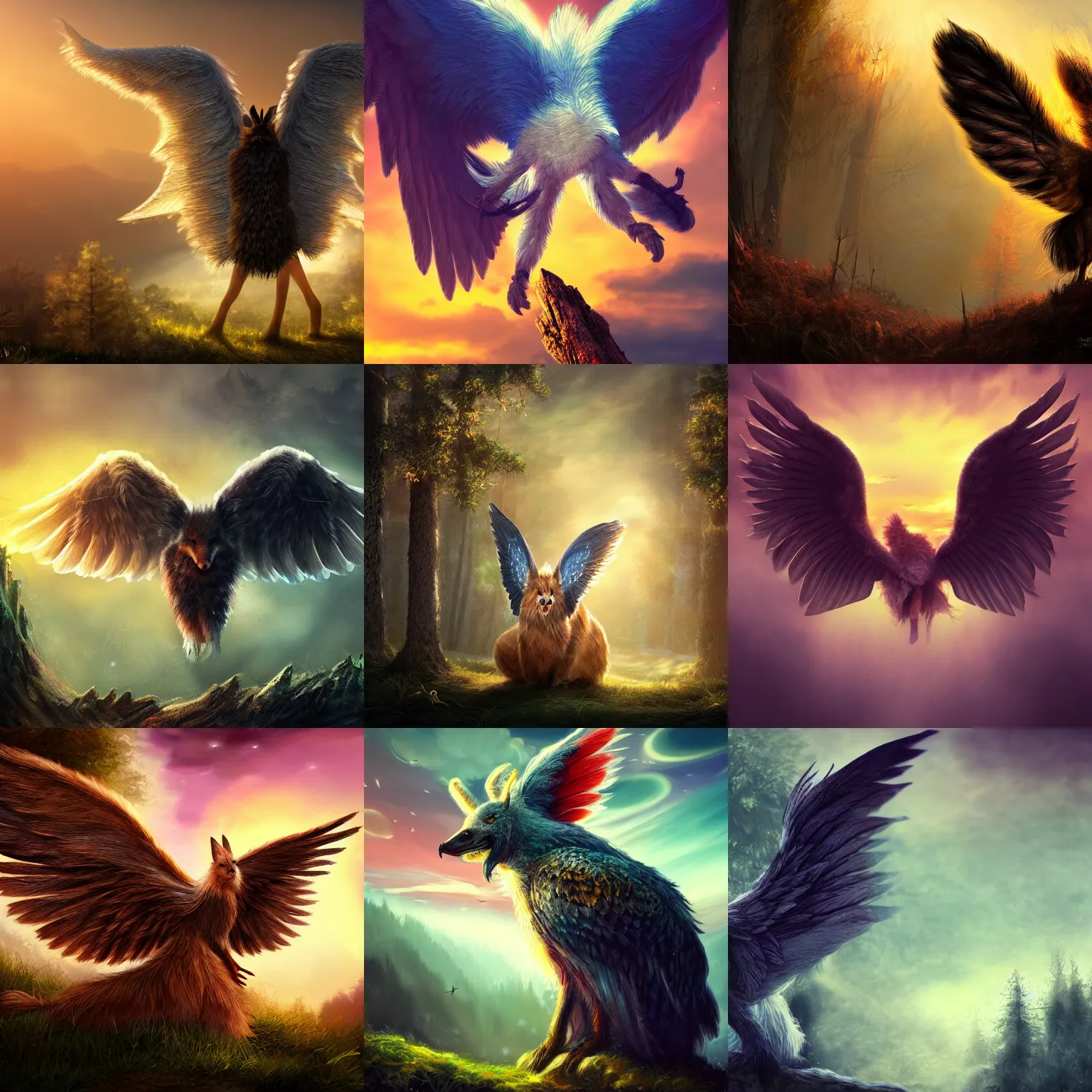 Prompt: fantastic animal, feathered, fluffy, large ears, wings, fantasy, forest animal, detailed, trending on Artstation, 4k, HD, dramatic lights, sunset