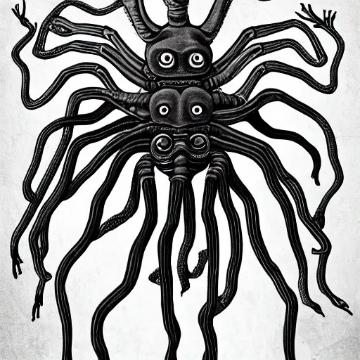 Prompt: photorealistic grey scale depiction of a being with 4 2 eyes 8 arms and 8 legs floating gloriously in the void of time