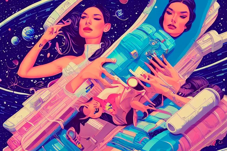 Image similar to supermodel pillow fight in space, tristan eaton, victo ngai, artgerm, rhads, ross draws