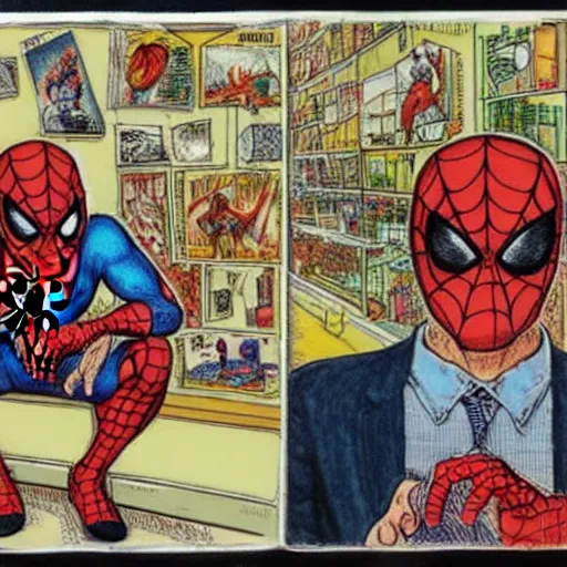 Image similar to The Artwork of R. Crumb and his Cheap Suit Italian Spiderman, pencil and colored marker artwork, trailer-trash lifestyle