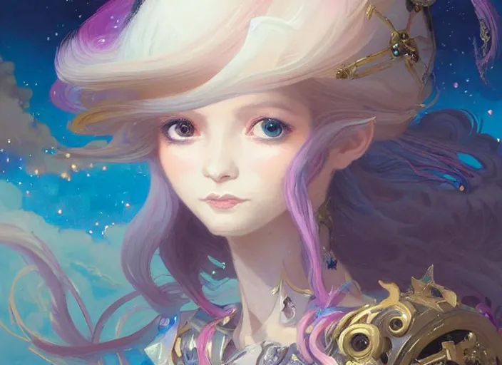 Image similar to close up picture of an maximalist dress magical girl, neat hair with bangs, slightly smiling, full of confidence, extremely beautiful and aesthetic and detailed cute face and eyes, wipe out evils with cute astronaut familiar sprites, aming the magical beams, chiaroscuro, intricate, masterpiece, fantasy illustrations by peter mohrbacher and anato finnstark and jeremy lipking