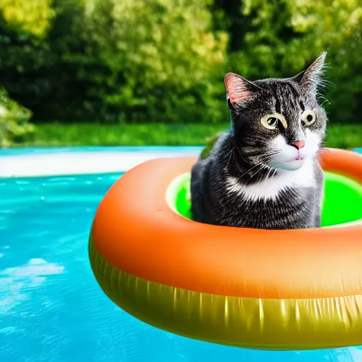 Image similar to Photo of a cat relaxing on a green inflatable tube in a pool