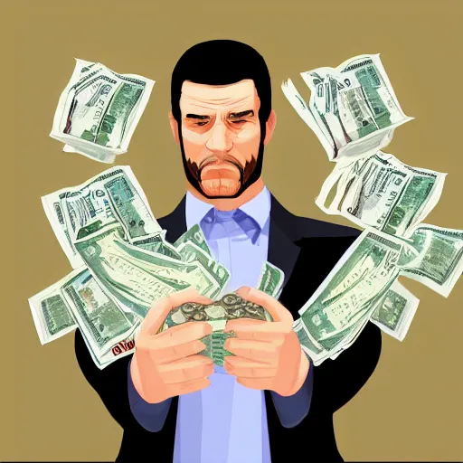 Image similar to a man holding a bunch of money to his face, gta loading screen, digital art,